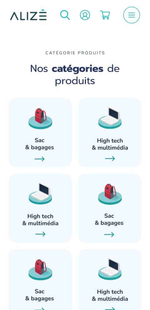 Capture d'écran mobile du site internet Alizée communication présentant les catégories de produits personnalisables