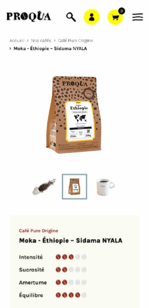 Capture d'écran d'une fiche produit avec le packaging du café Proqua