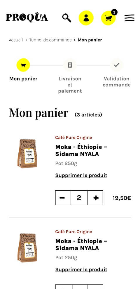 Capture d'écran du panier sur le site Proqua