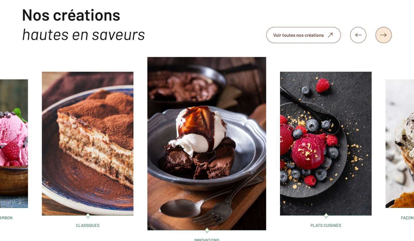 Image de différentes création, fondant au chocolat avec un boule de glace vanille, un tiramisu, boules de glace aux fruits rouges