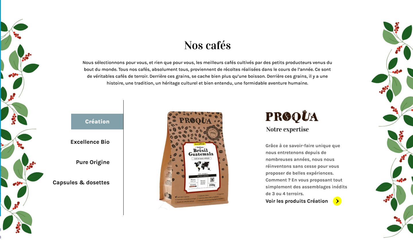 Capture d'écran d'une fiche produit avec le packaging du café Proqua