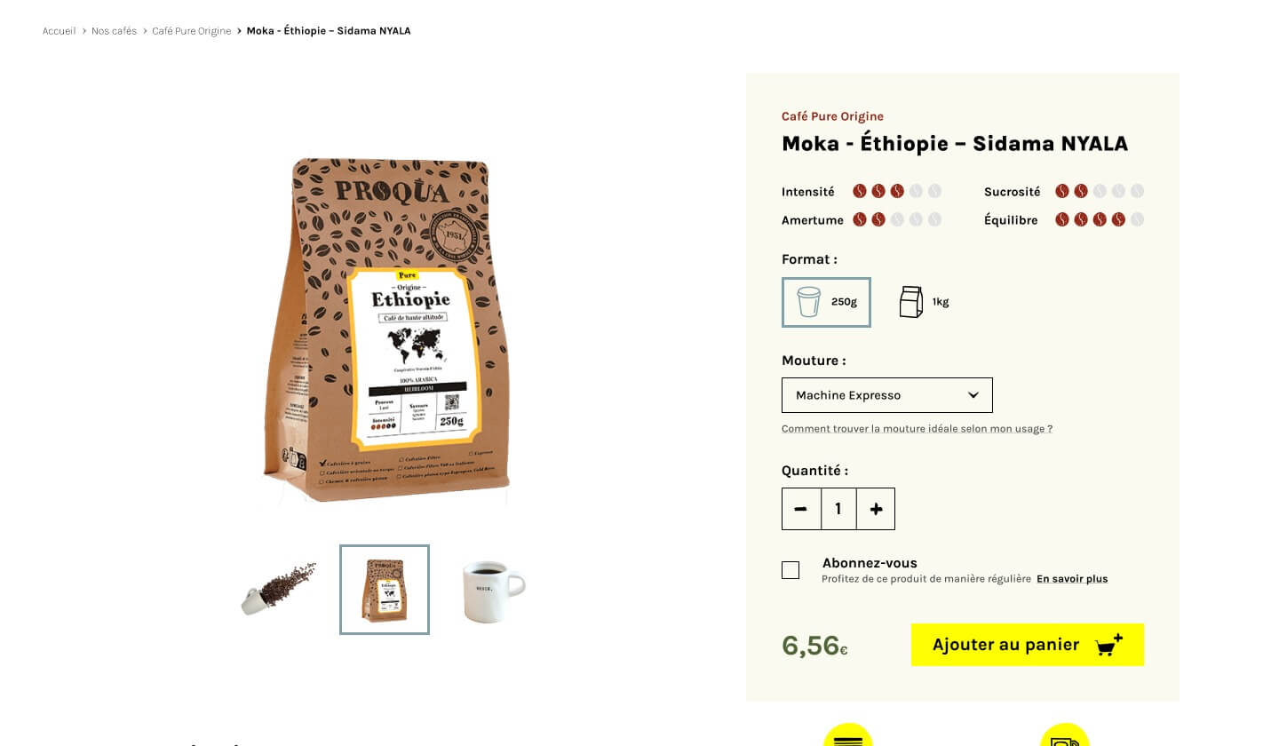 Capture d'écran d'une fiche produit avec le packaging du café Proqua