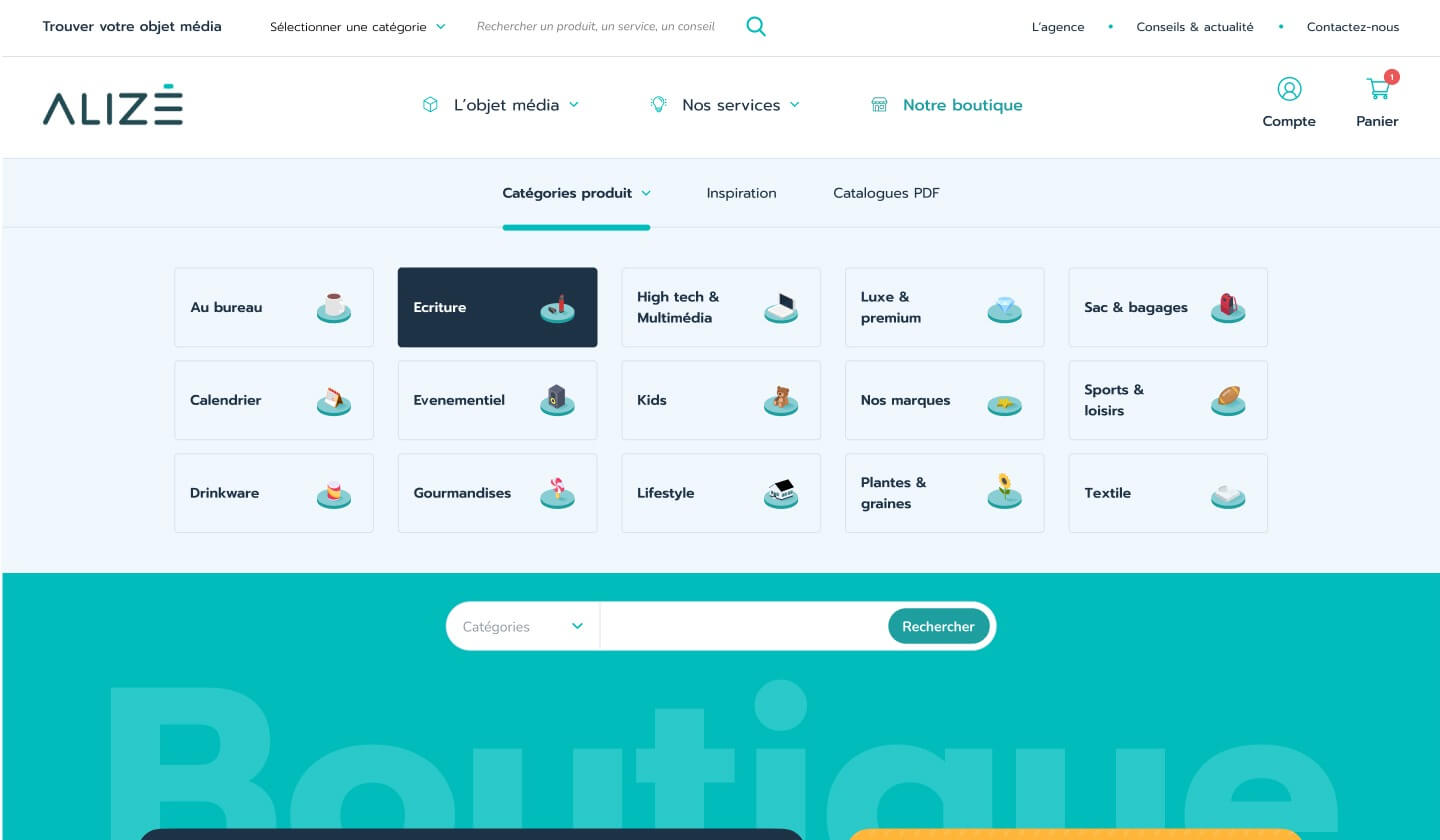 Capture d'écran du site internet Alizée communication avec les différentes catégories de produits personnalisables