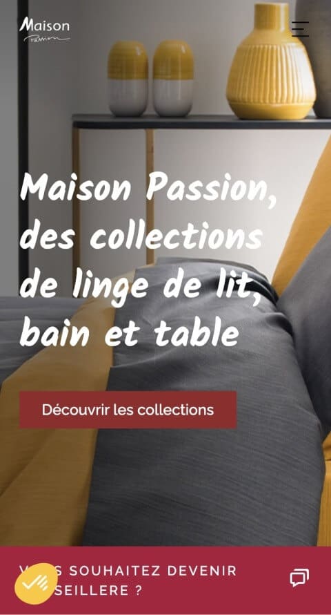 Capture d'écran du site Vandershooten, photo d'un lit avec des draps colorés gris et jaunes