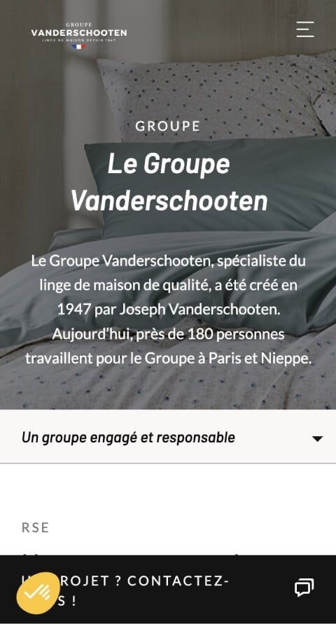 Capture d'écran du site Vandershooten, photo d'un lit avec des draps blancs