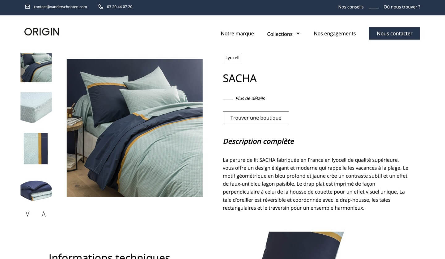 Capture d'écran du site Vandershooten, photo d'un lit avec des draps colorés bleus et verts