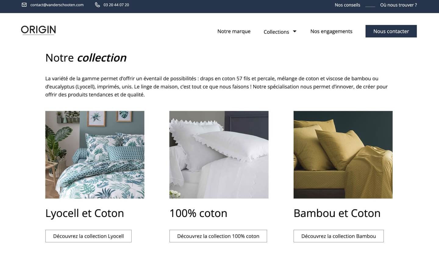 Capture d'écran du site Vandershooten, photo de lits avec des draps