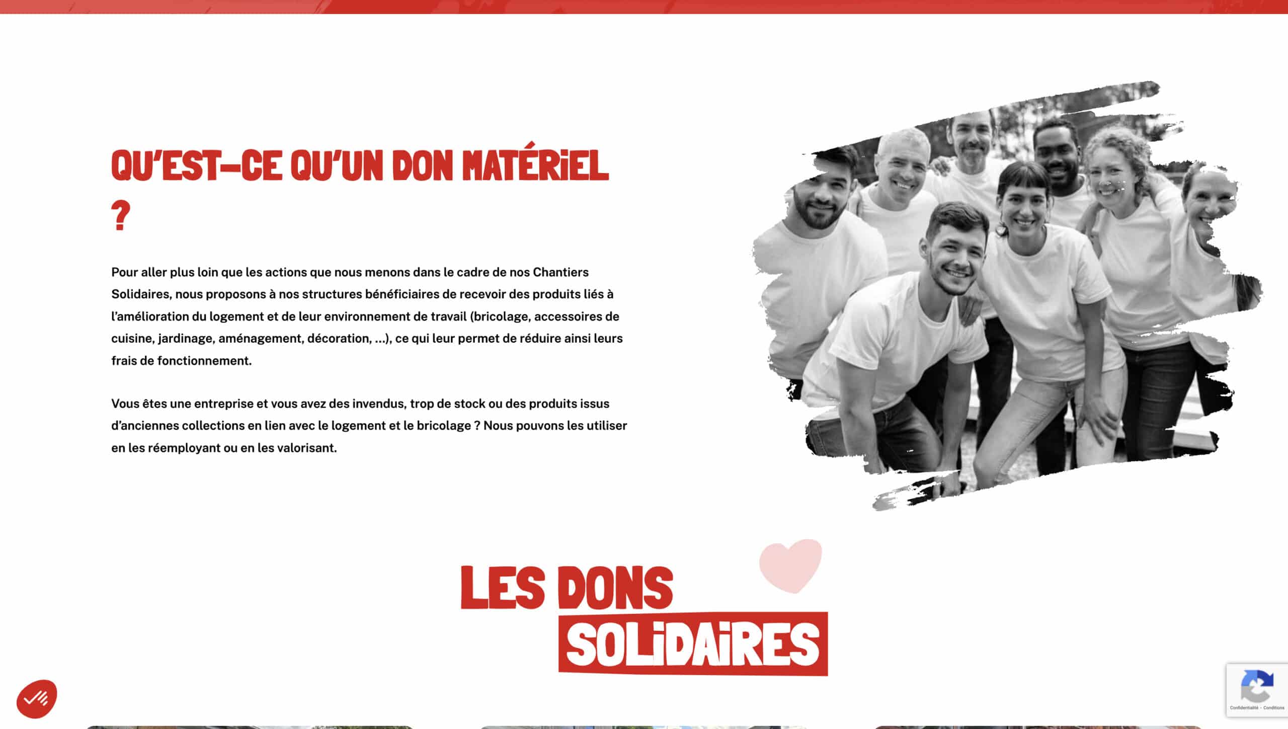 Page du site Brico du Coeur présentant ce qu'est un don matériel