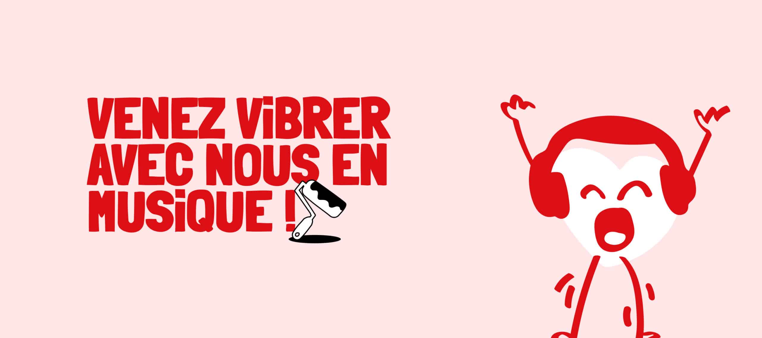 Visuel graphique rouge, rose et blanc avec un dessin d'un personnage en forme de coeur avec un casque